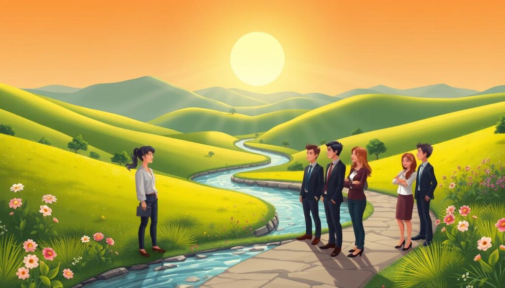 A serene landscape depicting the journey of emotional growth. In the foreground, a diverse group of individuals dressed in professional attire, standing on a winding path, each representing different stages of personal development. In the middle ground, a gentle stream symbolizes the flow of emotions, with lush greenery and blooming flowers signifying growth and renewal. The background features soft hills under a bright, warm sky, with rays of sunlight streaming down, creating a hopeful and uplifting atmosphere. The scene is captured with a slightly shallow depth of field to focus on the individuals in the foreground, enhancing their expressions of reflection and determination. The overall mood is one of tranquility and inspiration, embodying the essence of emotional growth. --v 5 --ar 16:9 --q 2 --s 750 --style 4b nextself.ai