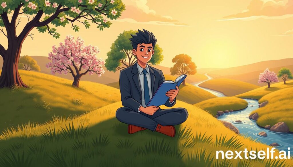 A person journaling on a grassy hill at sunrise, representing reflection and steady personal development.