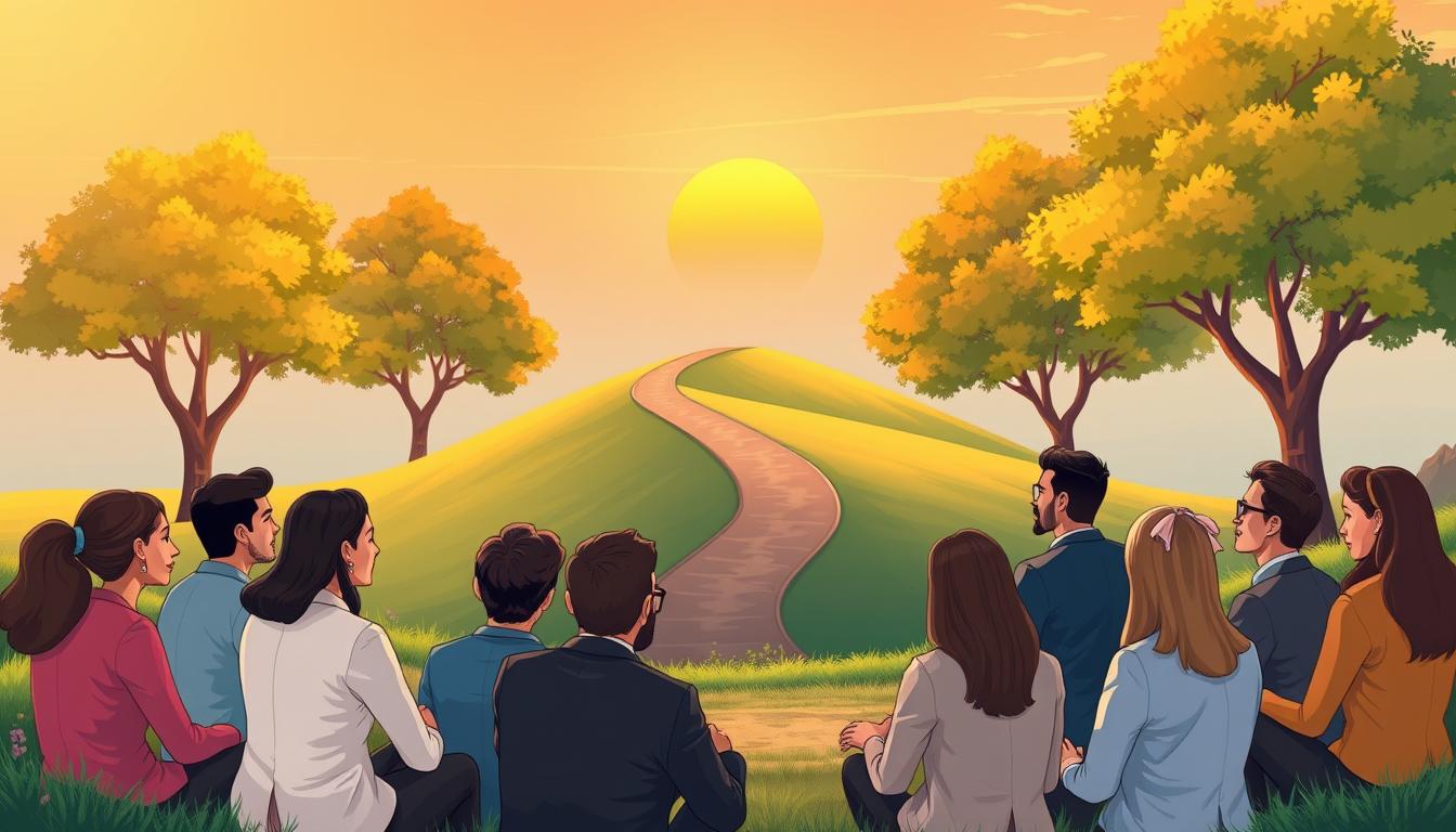 A calm, sunlit path winding through green hills, evoking steady personal growth.
